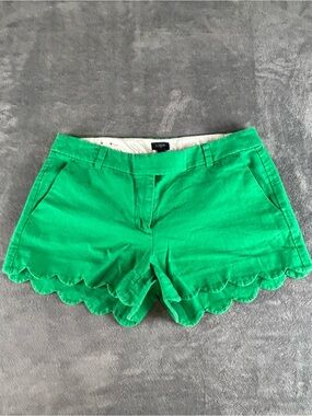 J Crew Scalloped Hem Shorts Womens 10 Kelly Green Linen Cotton Blend Summer EUC